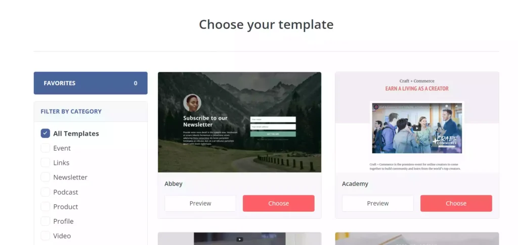 Landing page choose a template